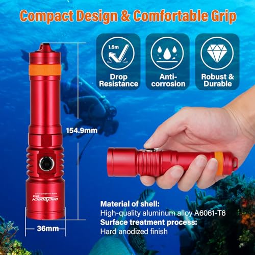 ORCATORCH D710 Scuba Diving Light, 3000 Lumens Super Bright Underwater Flashlight with 6 Degrees Narrow Beam, IP68 Waterproof Night Dive Torch 150 Meters Submersible Light (Red) - Image 5