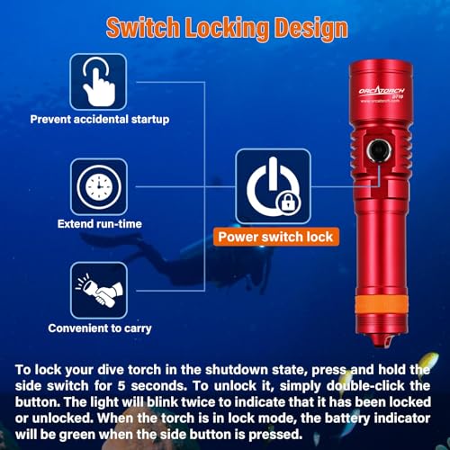 ORCATORCH D710 Scuba Diving Light, 3000 Lumens Super Bright Underwater Flashlight with 6 Degrees Narrow Beam, IP68 Waterproof Night Dive Torch 150 Meters Submersible Light (Red) - Image 4