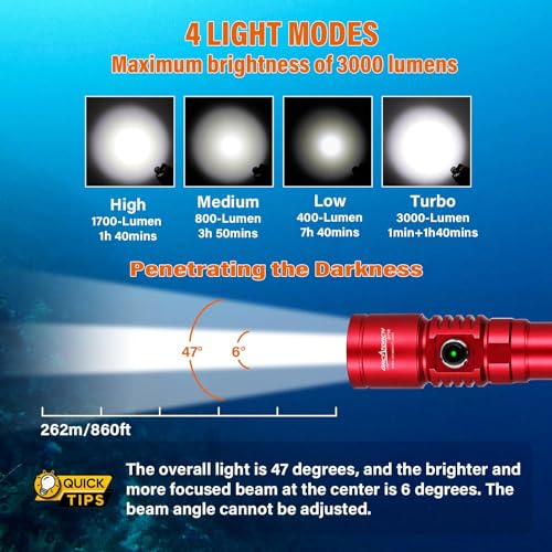 ORCATORCH D710 Scuba Diving Light, 3000 Lumens Super Bright Underwater Flashlight with 6 Degrees Narrow Beam, IP68 Waterproof Night Dive Torch 150 Meters Submersible Light (Red) - Image 2