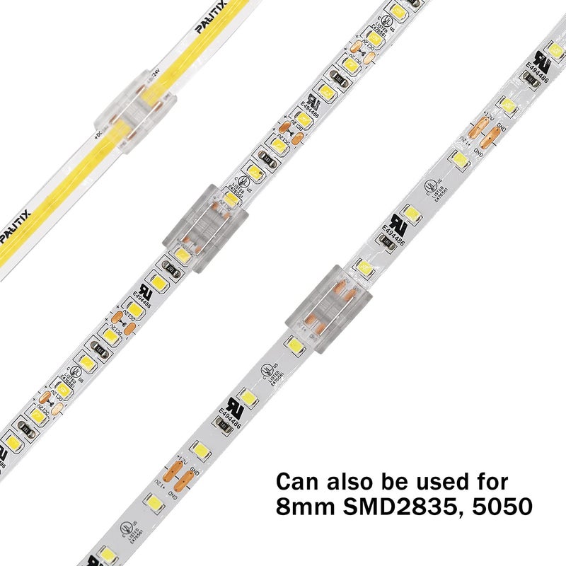 PAUTIX 8mm Connectors for 2-Pin COB LED Strip Lights,4pcs Transparent Gapless Connectors,4pcs Dual End,1pc Single to DC Female Plug 7.9in Extension Wire,2pcs L-shaped Connectors,1pc T-shaped Connector - Image 4