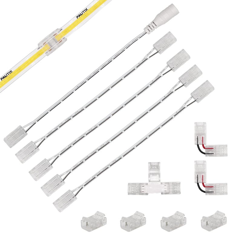 PAUTIX 8mm Connectors for 2-Pin COB LED Strip Lights,4pcs Transparent Gapless Connectors,4pcs Dual End,1pc Single to DC Female Plug 7.9in Extension Wire,2pcs L-shaped Connectors,1pc T-shaped Connector - Image 1