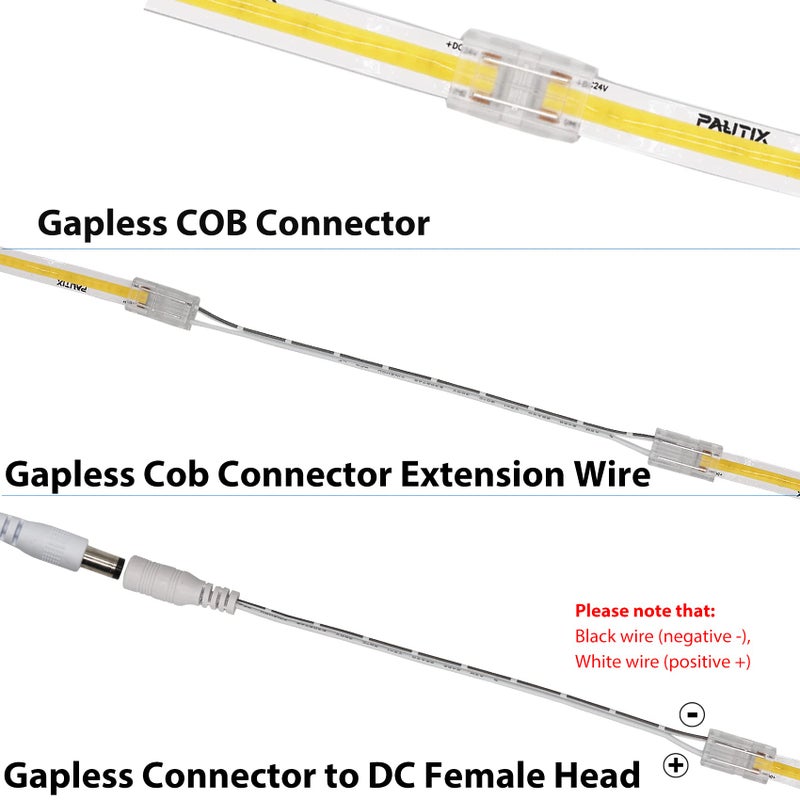 PAUTIX 8mm Connectors for 2-Pin COB LED Strip Lights,4pcs Transparent Gapless Connectors,4pcs Dual End,1pc Single to DC Female Plug 7.9in Extension Wire,2pcs L-shaped Connectors,1pc T-shaped Connector - Image 2