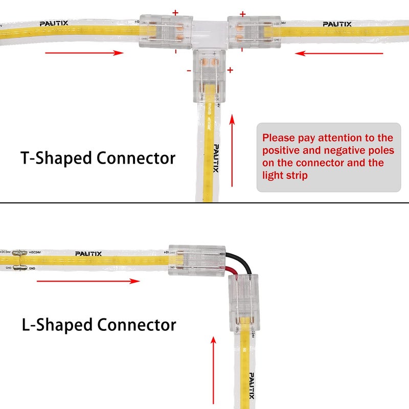 PAUTIX 8mm Connectors for 2-Pin COB LED Strip Lights,4pcs Transparent Gapless Connectors,4pcs Dual End,1pc Single to DC Female Plug 7.9in Extension Wire,2pcs L-shaped Connectors,1pc T-shaped Connector - Image 3