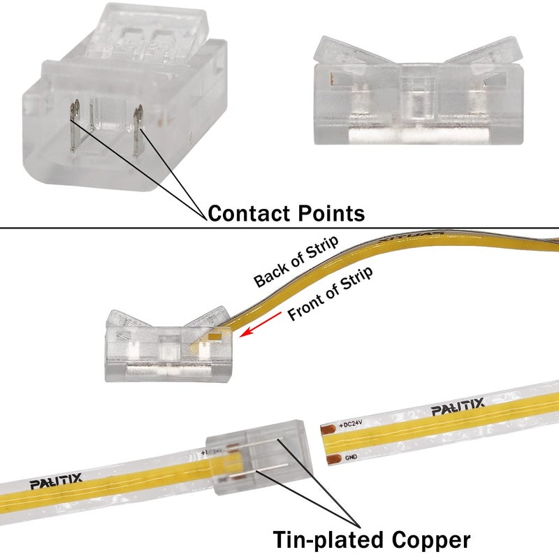 PAUTIX 8mm Connectors for 2-Pin COB LED Strip Lights,4pcs Transparent Gapless Connectors,4pcs Dual End,1pc Single to DC Female Plug 7.9in Extension Wire,2pcs L-shaped Connectors,1pc T-shaped Connector - Image 5