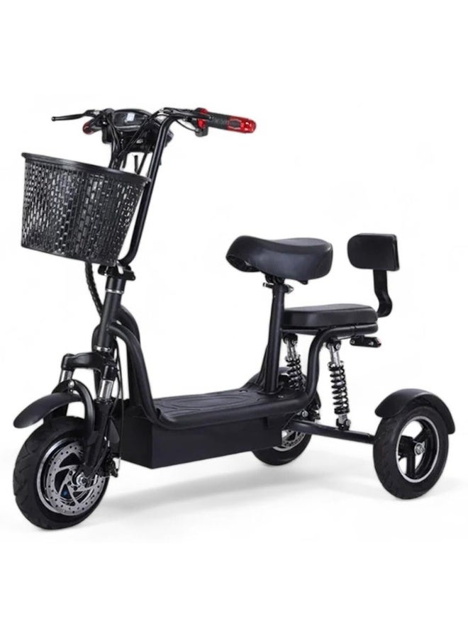 Three-wheeled electric scooter for adults, comfortable and practical, with a seat and basket.
