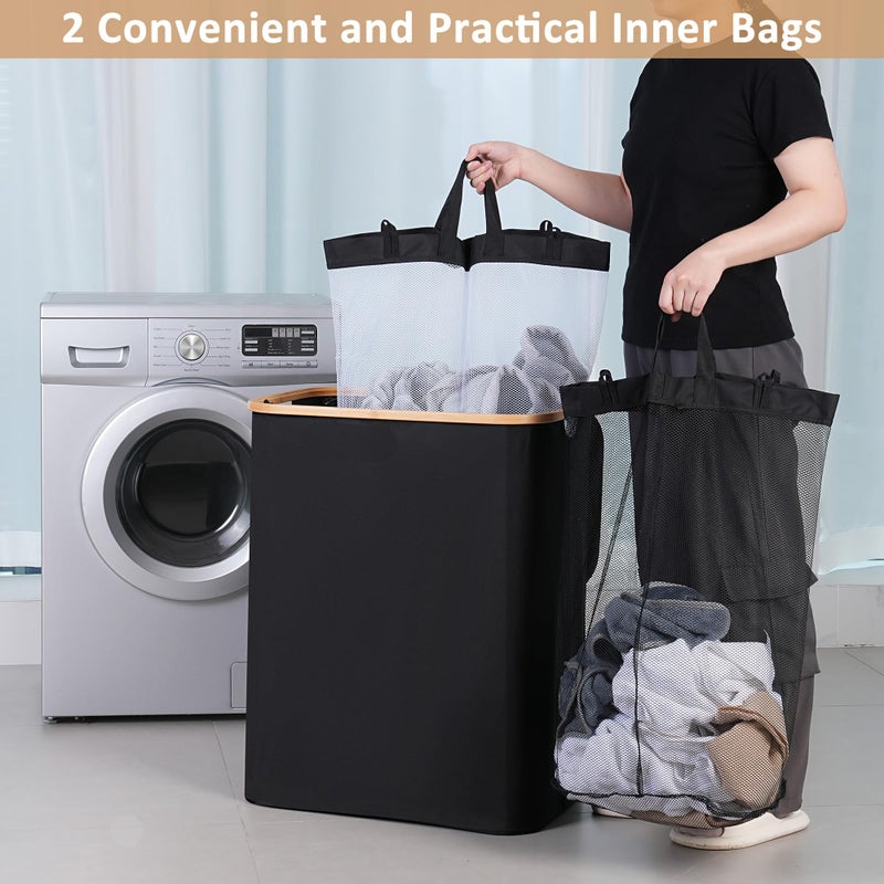 iEGrow 150L Laundry Basket with Lid,Large Laundry Hamper with Bamboo Handles, Hampers for Laundry, Dirty Clothes Hamper with 2 Removable Inner Bags for Clothes Toys Towels,Black - Image 4