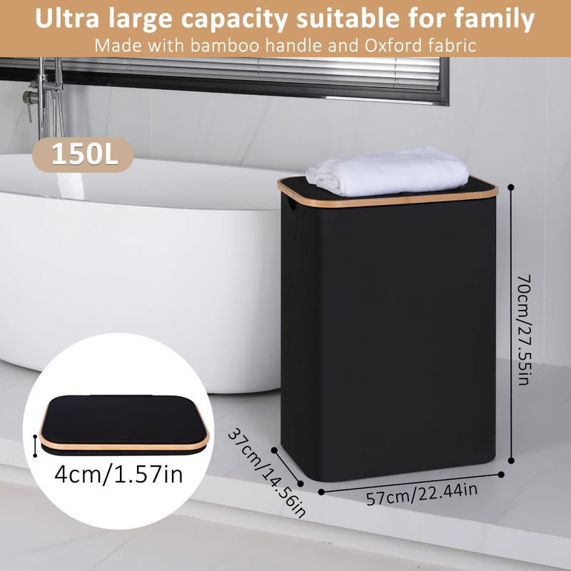 iEGrow 150L Laundry Basket with Lid,Large Laundry Hamper with Bamboo Handles, Hampers for Laundry, Dirty Clothes Hamper with 2 Removable Inner Bags for Clothes Toys Towels,Black - Image 2
