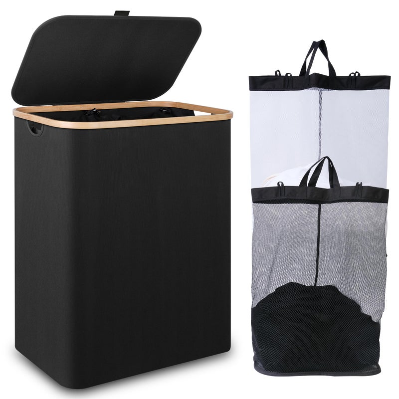 iEGrow 150L Laundry Basket with Lid,Large Laundry Hamper with Bamboo Handles, Hampers for Laundry, Dirty Clothes Hamper with 2 Removable Inner Bags for Clothes Toys Towels,Black - Image 1
