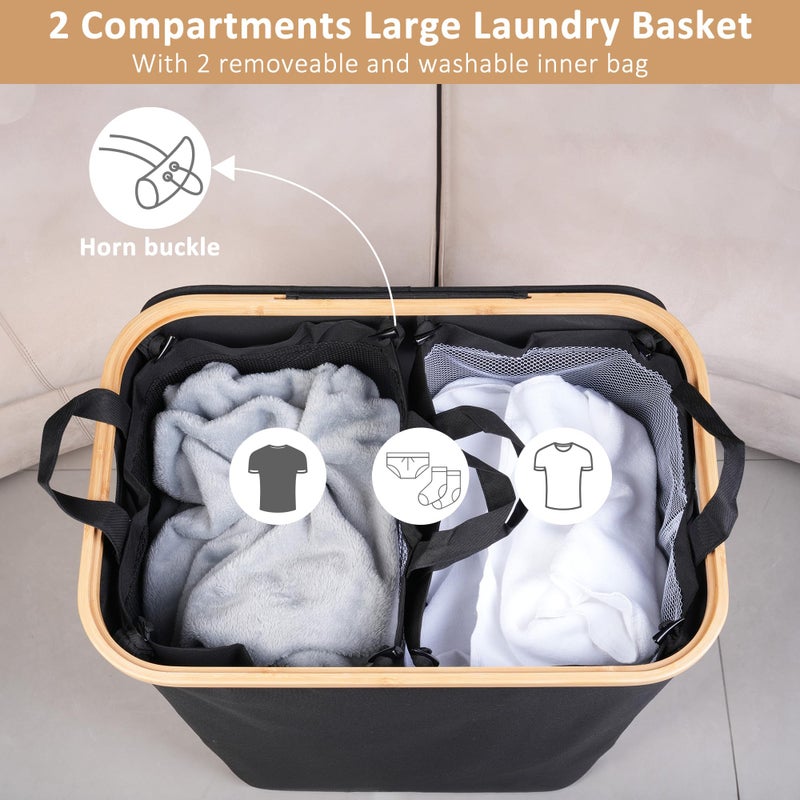 iEGrow 150L Laundry Basket with Lid,Large Laundry Hamper with Bamboo Handles, Hampers for Laundry, Dirty Clothes Hamper with 2 Removable Inner Bags for Clothes Toys Towels,Black - Image 3