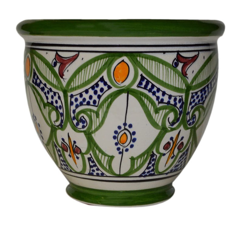 كنوز المغرب وعاء زهور مغربي إسباني حديقة مع ثقب تصريف خزفي مزروع يدويًا متعدد الألوان