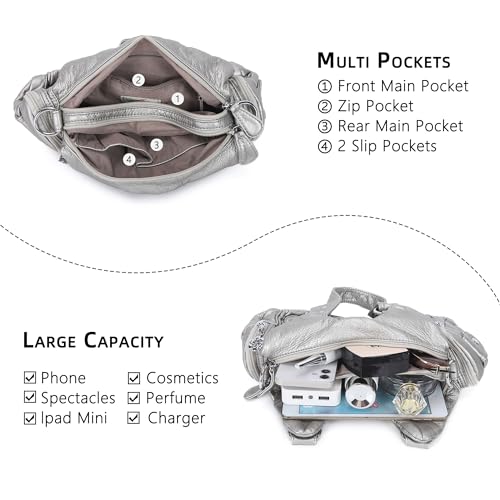 Angel Kiss Purses for Women Small Hobo Shoulder Bags Vagen Leather Multi-Pocket Tote Bag with Zipper (Silver) - Image 3