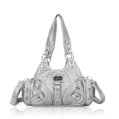 Angel Kiss Purses for Women Small Hobo Shoulder Bags Vagen Leather Multi-Pocket Tote Bag with Zipper (Silver) - Image 1