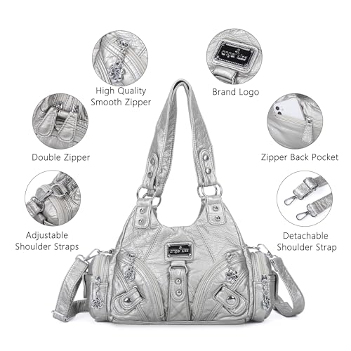 Angel Kiss Purses for Women Small Hobo Shoulder Bags Vagen Leather Multi-Pocket Tote Bag with Zipper (Silver) - Image 4