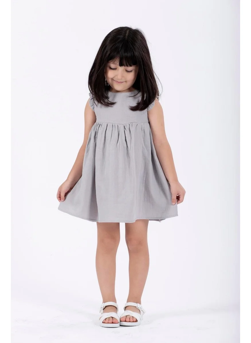 Zepkids Ruffle Shoulder Pleated Gray Color Girl Dress
