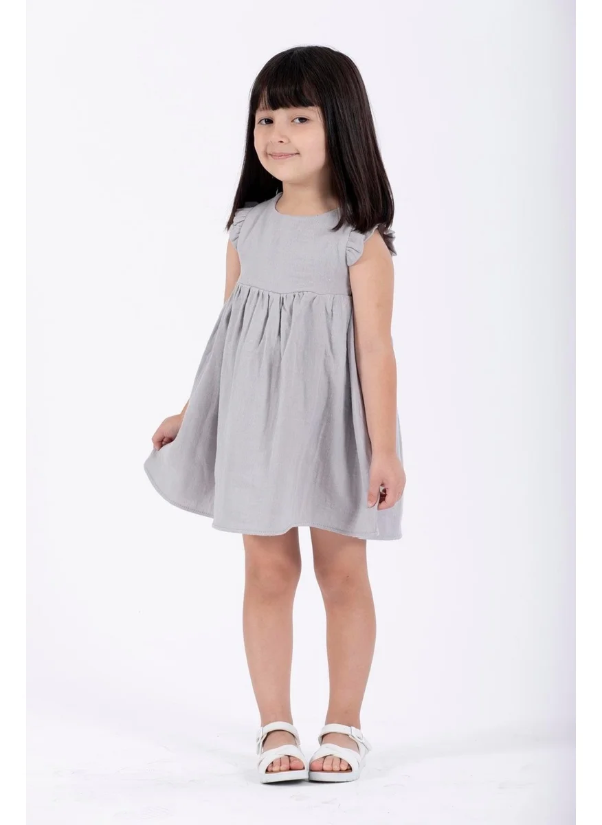 Zepkids Ruffle Shoulder Pleated Gray Color Girl Dress