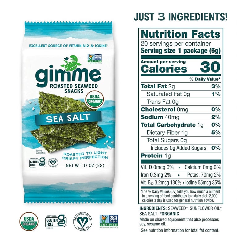 Gimme Seaweed Organic Premium Roasted Seaweed Snacks, Sea Salt, 20 Count, Keto, Vegan, Gluten-Free, Great Source of Omega3s and Iodine, Healthy On-The-Go Snack for Kids and Adults - Image 5