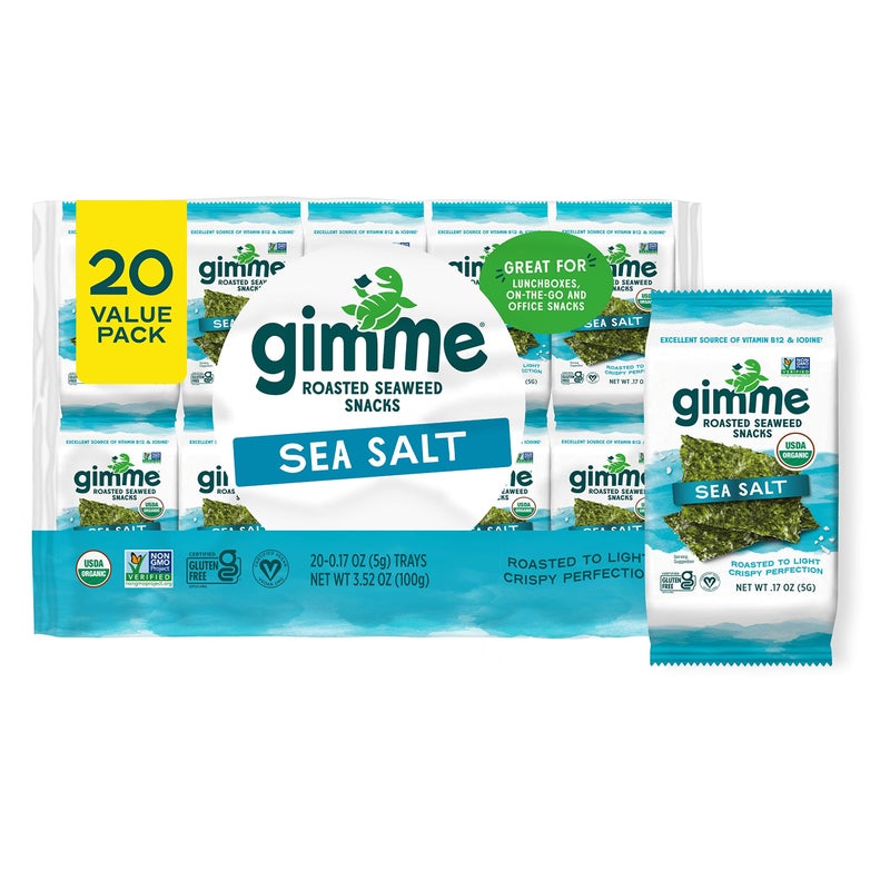 Gimme Seaweed Organic Premium Roasted Seaweed Snacks, Sea Salt, 20 Count, Keto, Vegan, Gluten-Free, Great Source of Omega3s and Iodine, Healthy On-The-Go Snack for Kids and Adults - Image 1