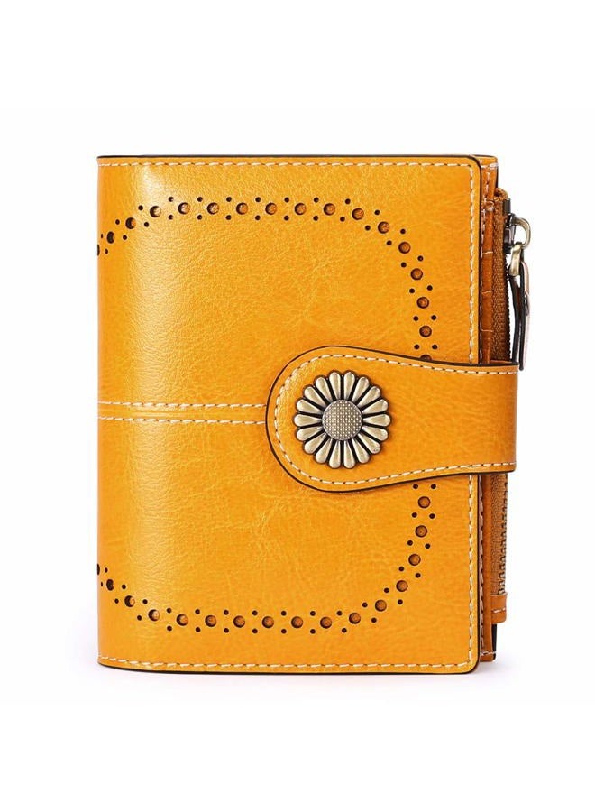 SENDEFN Small Womens Wallet Leather Bifold Card Holder RFID Blocking with Zipper Coin Pocket, 1-Wax-A-Yellow, small, Classic - Image 1