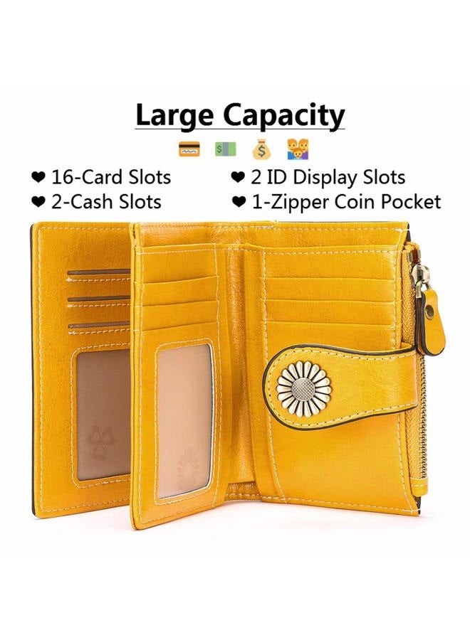 SENDEFN Small Womens Wallet Leather Bifold Card Holder RFID Blocking with Zipper Coin Pocket, 1-Wax-A-Yellow, small, Classic - Image 2