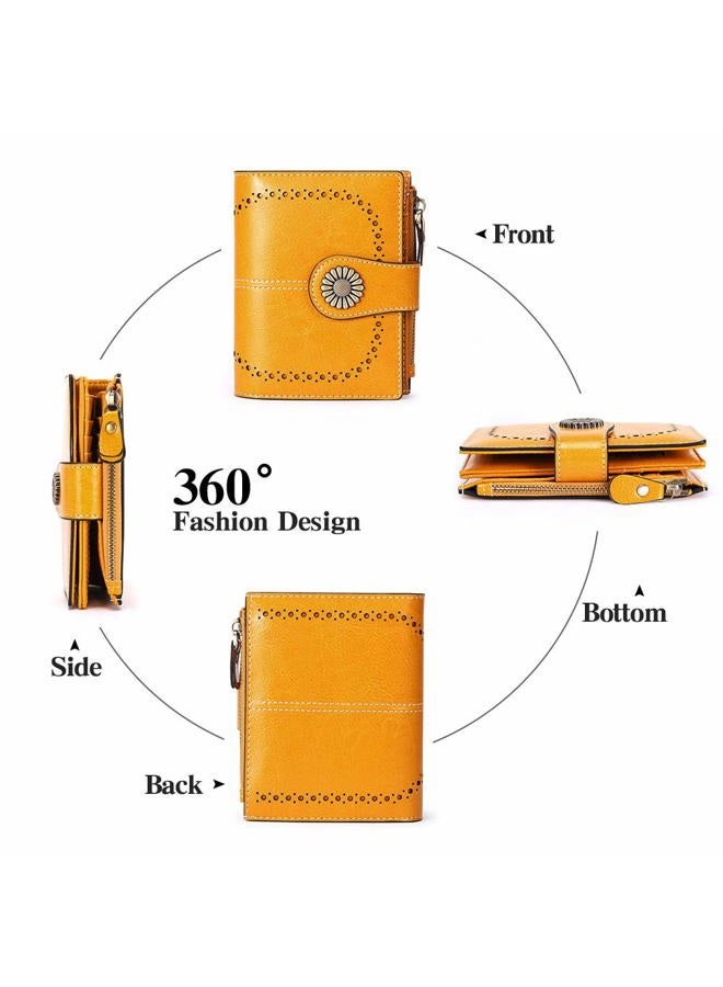 SENDEFN Small Womens Wallet Leather Bifold Card Holder RFID Blocking with Zipper Coin Pocket, 1-Wax-A-Yellow, small, Classic - Image 3