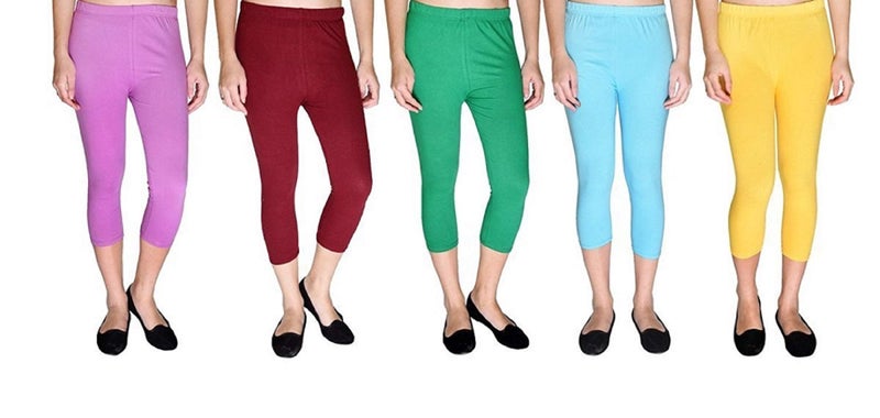 FEELBLUE Premium Cotton Strechable Women's Casual/Gym/Sports 3/4th Capri (Free Size) Combo Pack of 5 (MauveMaroonPgreenFiroziYelow) - Image 1