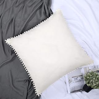 YINFUNG YINFUNG Off White Euro Sham Pom Pom Ivory 26Ãƒâ€”26 Large Pillow Covers Set of 2 Fringe European Shams Cream Beige Boho  - Image 1