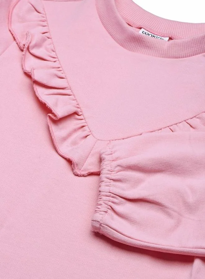 Bonkids Girl's dresses in regular fit pink colour cotton fabric embellished pattern pull over closure woven weave type round collar type round neckline half sleeve length midi full body wear length smock full body wear type suitable for casual occasions – embrace the latest in chic design!