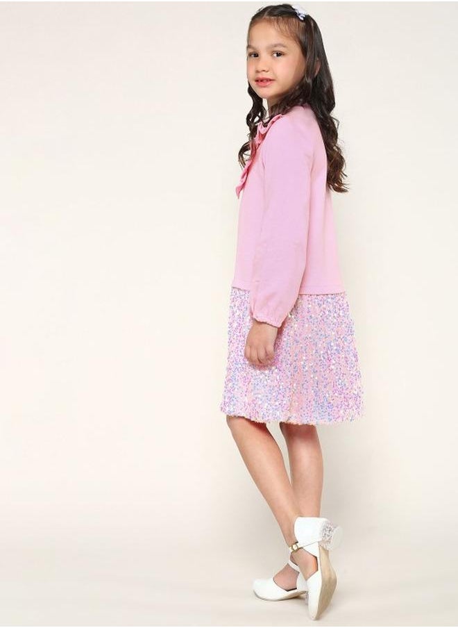 Bonkids Girl's dresses in regular fit pink colour cotton fabric embellished pattern pull over closure woven weave type round collar type round neckline half sleeve length midi full body wear length smock full body wear type suitable for casual occasions – embrace the latest in chic design!  - Image 4