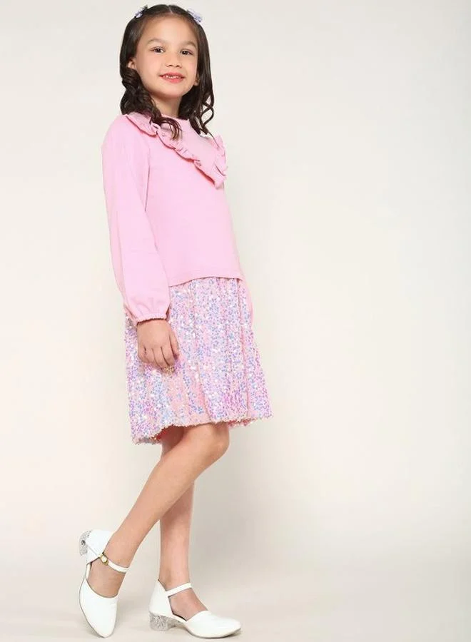 Bonkids Girl's dresses in regular fit pink colour cotton fabric embellished pattern pull over closure woven weave type round collar type round neckline half sleeve length midi full body wear length smock full body wear type suitable for casual occasions – embrace the latest in chic design!