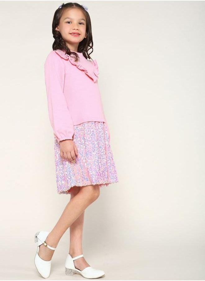 Bonkids Girl's dresses in regular fit pink colour cotton fabric embellished pattern pull over closure woven weave type round collar type round neckline half sleeve length midi full body wear length smock full body wear type suitable for casual occasions – embrace the latest in chic design!  - Image 3