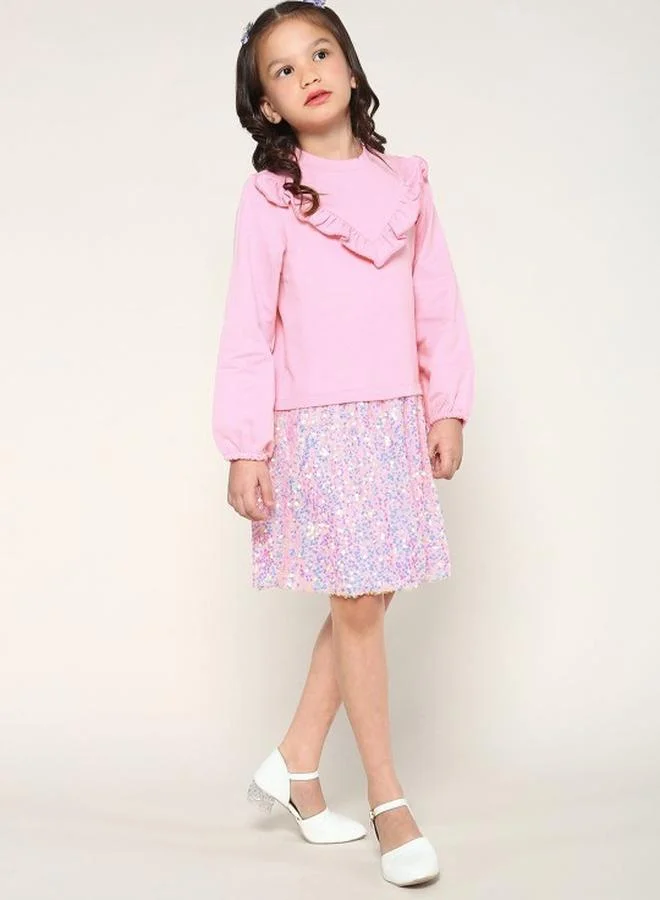 Bonkids Girl's dresses in regular fit pink colour cotton fabric embellished pattern pull over closure woven weave type round collar type round neckline half sleeve length midi full body wear length smock full body wear type suitable for casual occasions – embrace the latest in chic design!