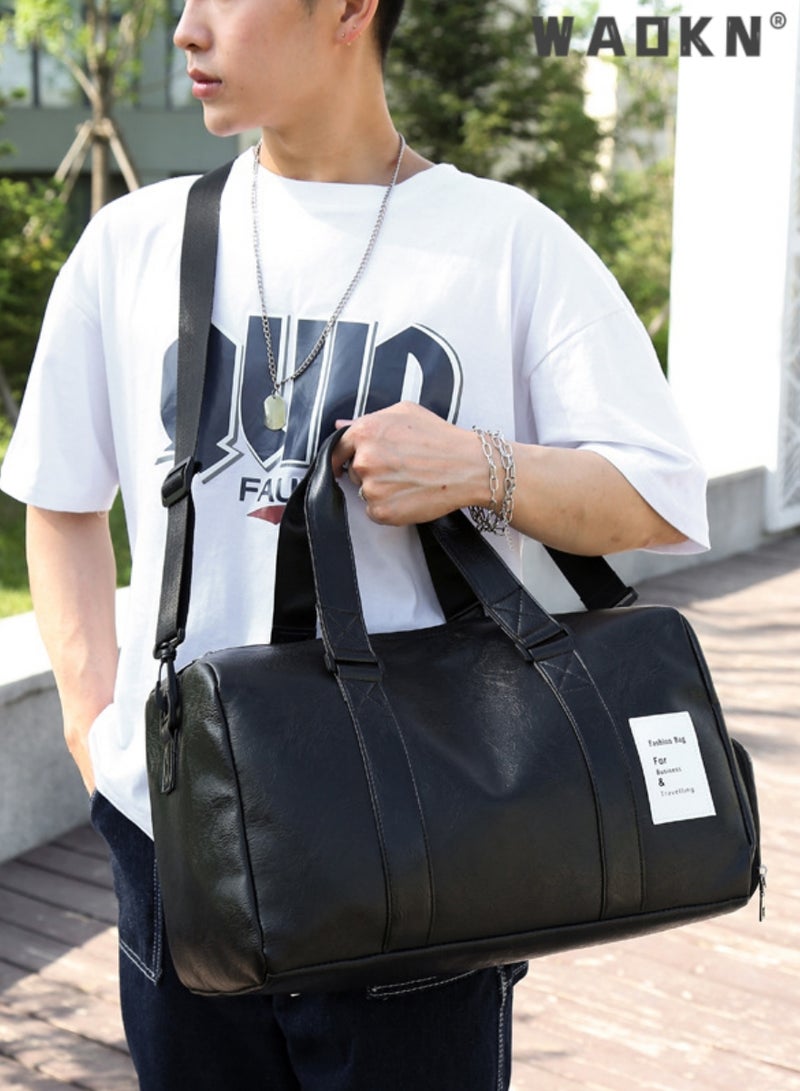 WAOKN Sports Gym Bag, Sports Training Shoulder Bag, Men's and Women's Fitness PU Tote Waterproof Large Capacity with Shoe Compartment and Wet and Dry Separator Bag ,Bag with Shoe Compartment, Black - Image 4