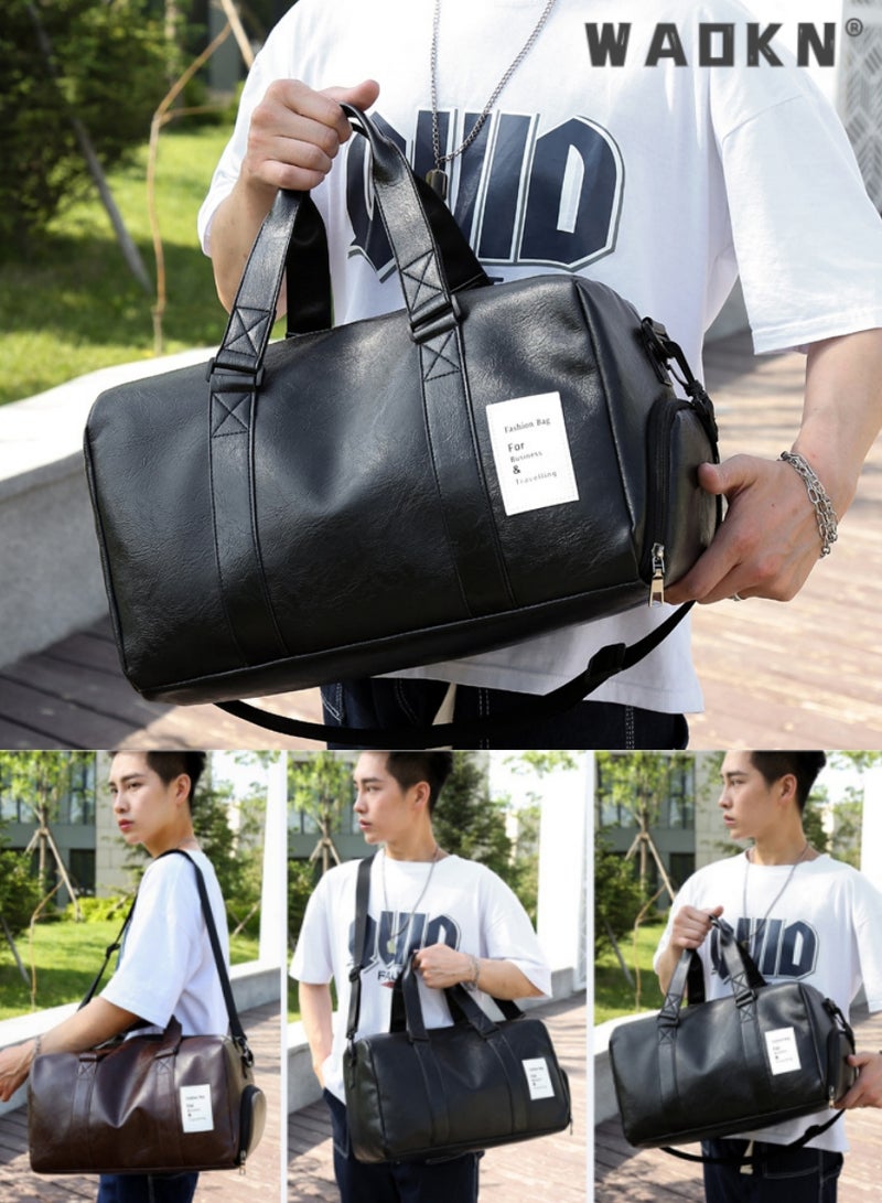WAOKN Sports Gym Bag, Sports Training Shoulder Bag, Men's and Women's Fitness PU Tote Waterproof Large Capacity with Shoe Compartment and Wet and Dry Separator Bag ,Bag with Shoe Compartment, Black - Image 2