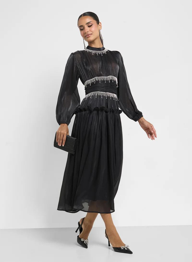 Khizana Pleated Long Sleeve Dress