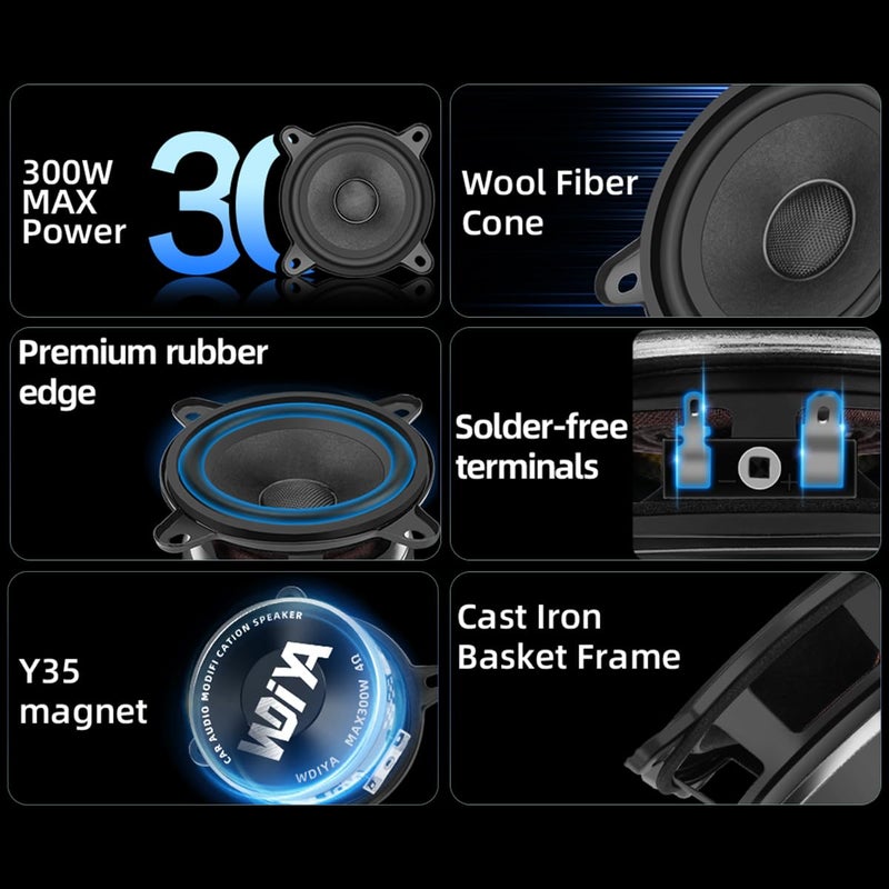 WDiYA 3.5-Inch Car Speaker Wool Fiber Cone+Fiberglass Sound Cap Full Frequency High Fidelity Audio 300W Peak Power 4 Ohms Professional High-End Stereo Surround Sound (2-Speakers) - Image 3