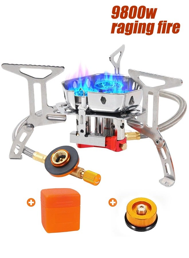 "تاقومارت موقد تخييم 9800 واط، موقد تخييم صغير مع إشعال بيزو، موقد تخييم مقاوم للرياح بثلاثة أنوية، محول خزان بروبان سعة 1 رطل، موقد تخييم للطهي في الهواء الطلق - Image 1