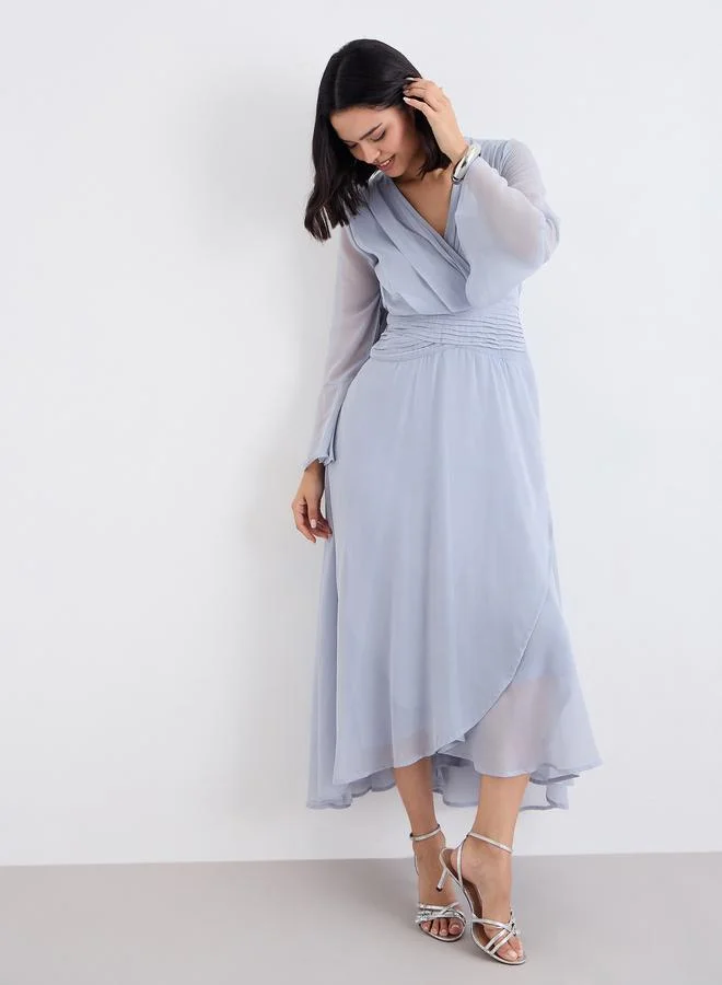 Styli Styli Pleated Waist Asymmetric Hem Maxi Dress