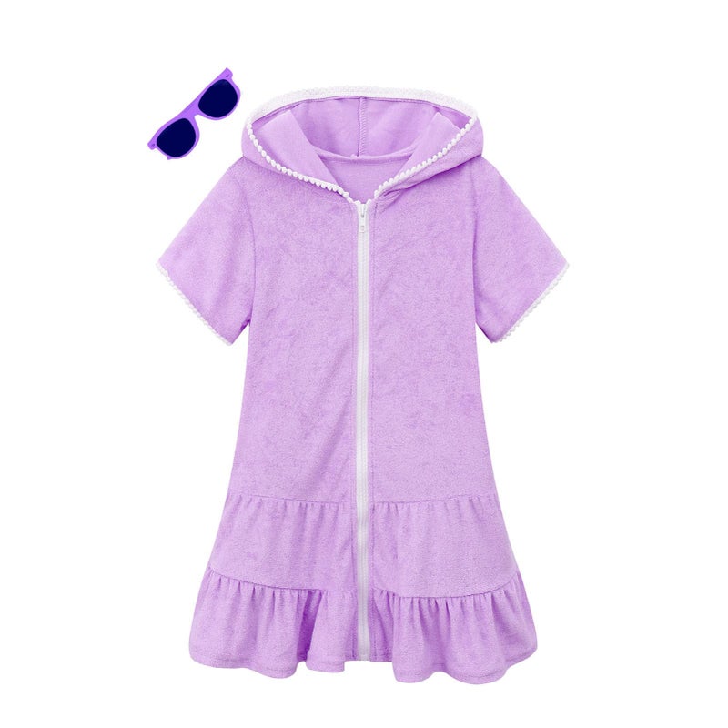 LUCKYGAL Toddler Girls Swim Cover Up Kids Swimsuit Coverup Purple Terry Beach Pool Clothes,2t 3t - Image 1