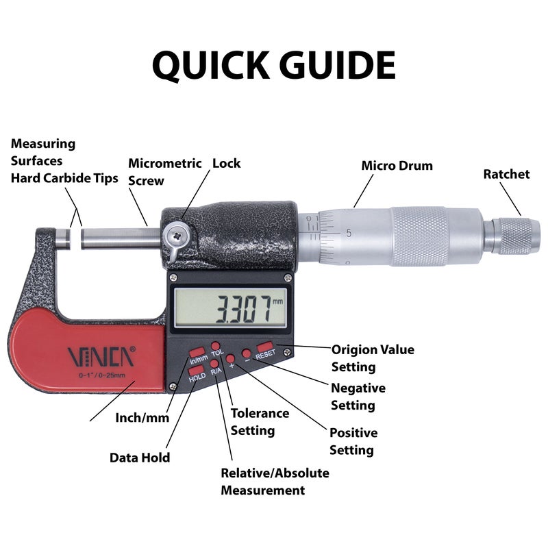 VINCA Digital Micrometer, DMCA-0105 0-1"/0-25mm, 0.00005" /0.001mm Resolution, Tolerance Set Up, Carbide Tip - Image 2