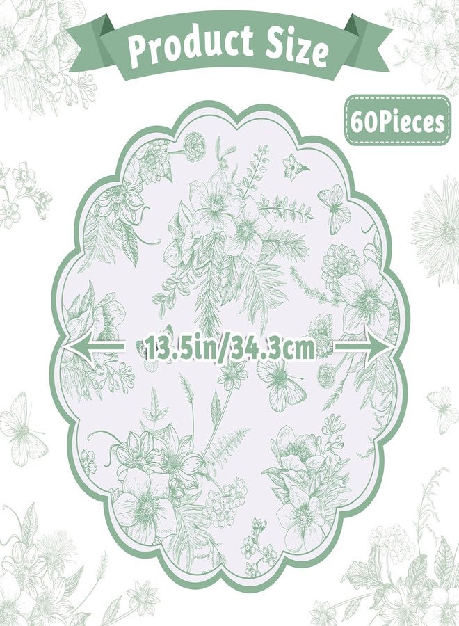 NatNarr 60 Pcs Sage Green Floral Paper Placemats, 13.5 Inch Disposable Scalloped Flower Placemats Flower Banquet Place Mats Table Placemats Decorative Paper for Table Setting Wedding Banquet Party Supplies - Image 2