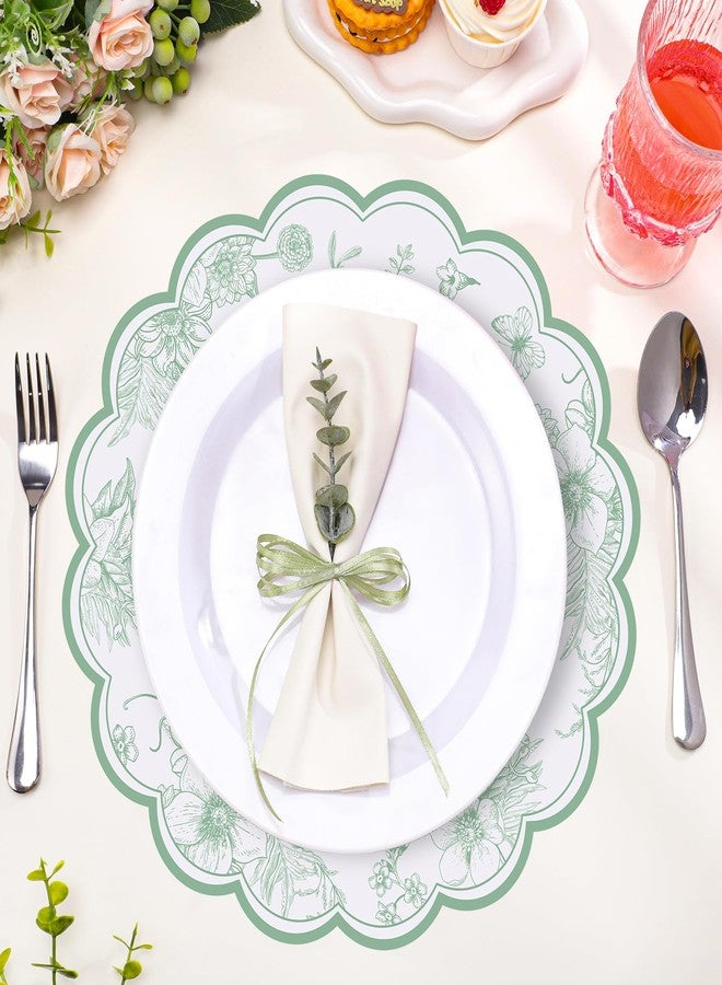 NatNarr 60 Pcs Sage Green Floral Paper Placemats, 13.5 Inch Disposable Scalloped Flower Placemats Flower Banquet Place Mats Table Placemats Decorative Paper for Table Setting Wedding Banquet Party Supplies - Image 3