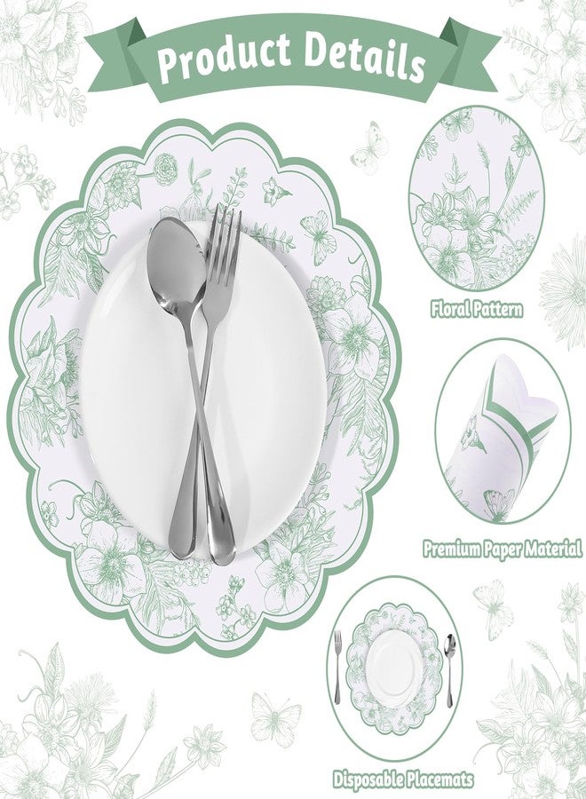 NatNarr 60 Pcs Sage Green Floral Paper Placemats, 13.5 Inch Disposable Scalloped Flower Placemats Flower Banquet Place Mats Table Placemats Decorative Paper for Table Setting Wedding Banquet Party Supplies - Image 4