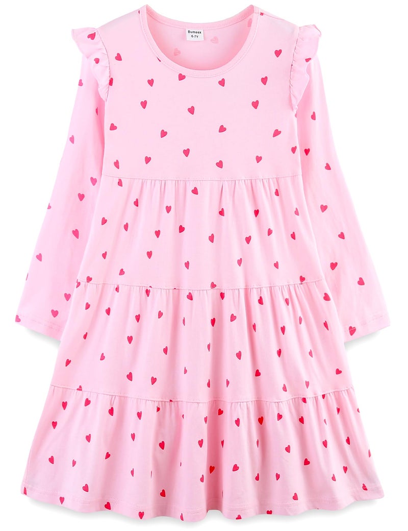 Bumeex Baby Toddler Girl's Dresses Fall Spring Winter Long Sleeve Cute Cotton Valentines Casual Swing Twirly Dress Outfits Clothing Clothes Vestido para NiÃ±a Pink Heart 2t - Image 1
