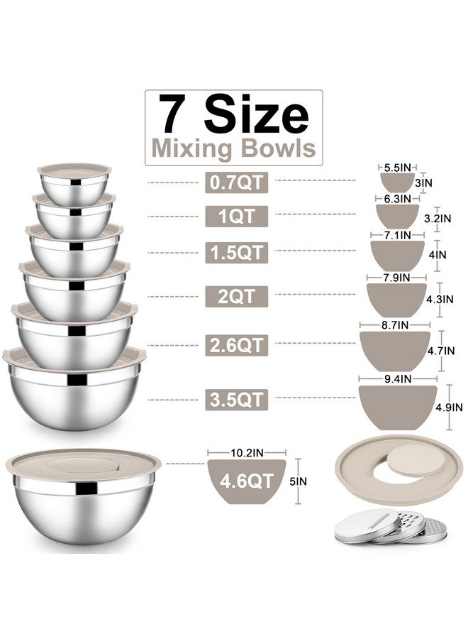 E-far طقم أوعية خلط E-far مع أغطية، 7 قطع من الفولاذ المقاوم للصدأ مع ملحقات مبشرة، الأحجام 4.6، 3.5، 2.6، 2، 1.5، 1، 0.7QT، تصميم متداخل وأغطية محكمة باللون الكاكي، للطهي/التقديم - Image 2