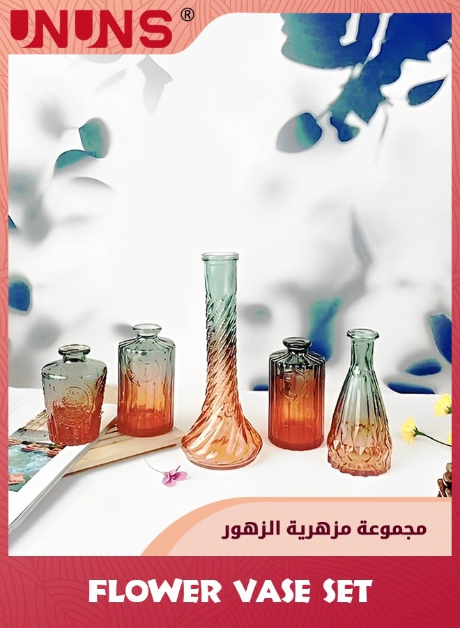 UNUNS مزهريات زجاجية على شكل براعم على الطراز الباروكي، مجموعة من 5 مزهريات زجاجية صغيرة متدرجة اللون ذات زهرة واحدة لتزيين القطعة المركزية، سطح الطاولة، برتقالي وأخضر - Image 2