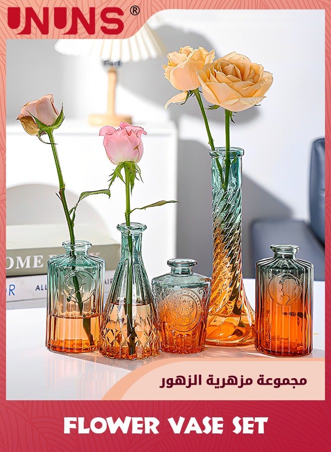 UNUNS مزهريات زجاجية على شكل براعم على الطراز الباروكي، مجموعة من 5 مزهريات زجاجية صغيرة متدرجة اللون ذات زهرة واحدة لتزيين القطعة المركزية، سطح الطاولة، برتقالي وأخضر - Image 1