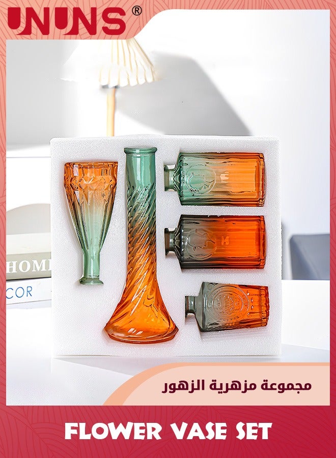 UNUNS مزهريات زجاجية على شكل براعم على الطراز الباروكي، مجموعة من 5 مزهريات زجاجية صغيرة متدرجة اللون ذات زهرة واحدة لتزيين القطعة المركزية، سطح الطاولة، برتقالي وأخضر - Image 4
