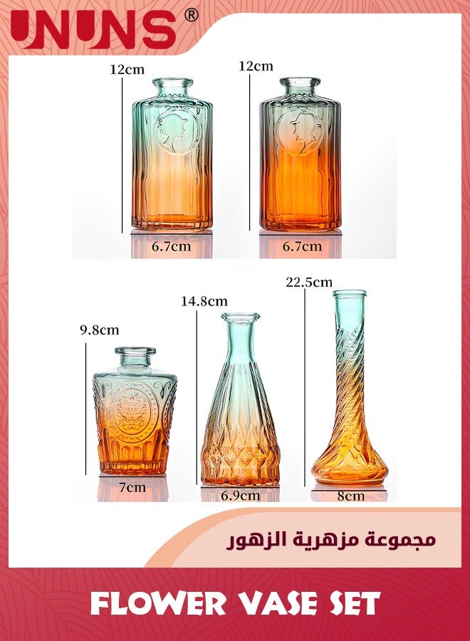 UNUNS مزهريات زجاجية على شكل براعم على الطراز الباروكي، مجموعة من 5 مزهريات زجاجية صغيرة متدرجة اللون ذات زهرة واحدة لتزيين القطعة المركزية، سطح الطاولة، برتقالي وأخضر - Image 3