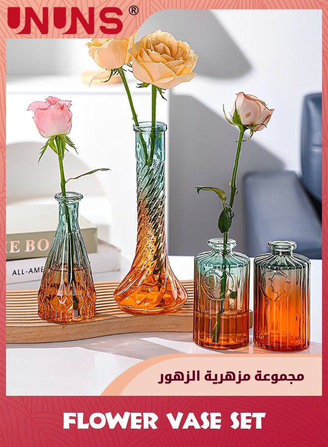 UNUNS مزهريات زجاجية على شكل براعم على الطراز الباروكي، مجموعة من 5 مزهريات زجاجية صغيرة متدرجة اللون ذات زهرة واحدة لتزيين القطعة المركزية، سطح الطاولة، برتقالي وأخضر - Image 5