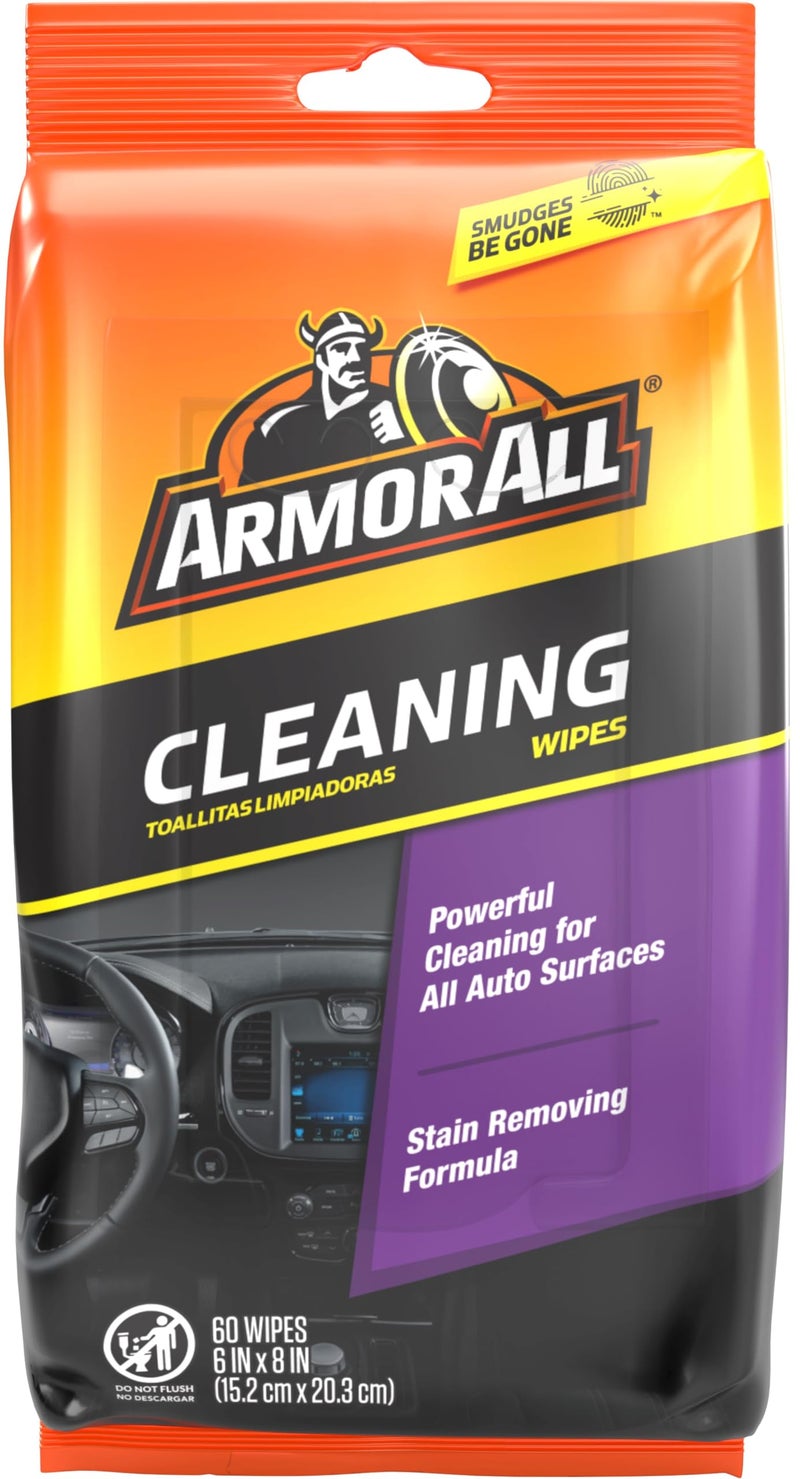 ARMOR ALL مناديل تنظيف داخلية للسيارات من أرمور أول، مناديل تنظيف داخلية للسيارات والشاحنات والدراجات النارية، 60 قطعة - Image 1